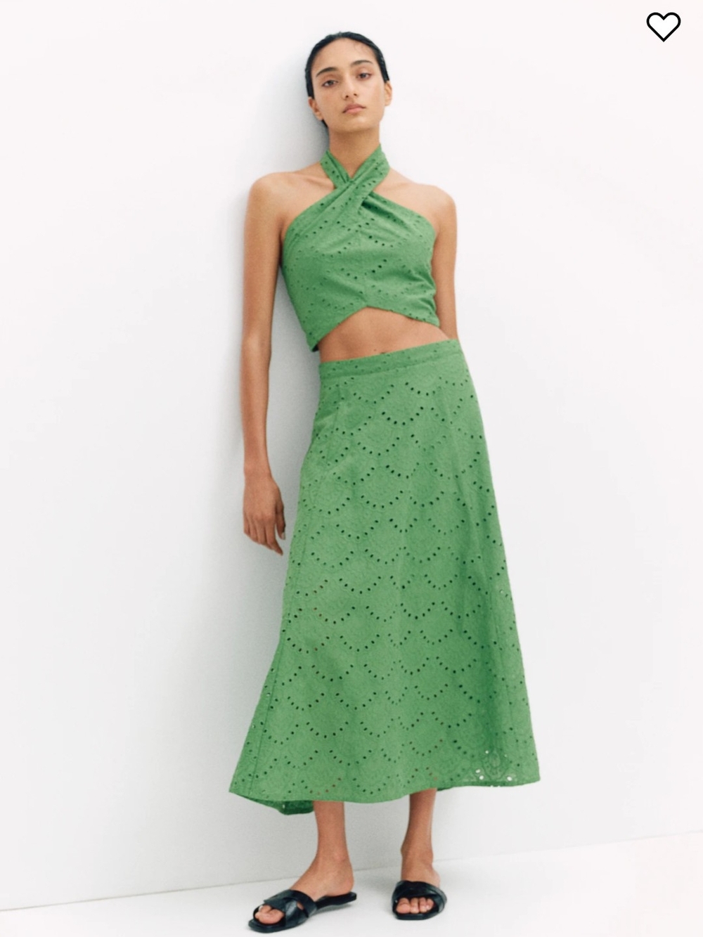 Green Eyelet A-Line Cotton Midi Skirt